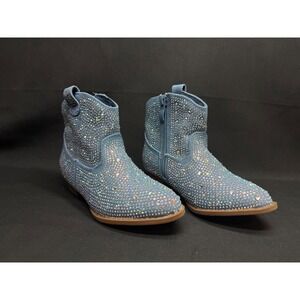 New Kids Rhinestone Cowboy Boots Light Blue Glitter Ankle Boots Side Zip Size 7